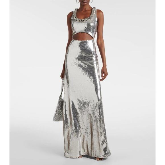 Paco Rabanne Silver Sequin Cut Out‎ Gown Maxi Dress Size US 12 FR 44 Spring '24 - Picture 1 of 16